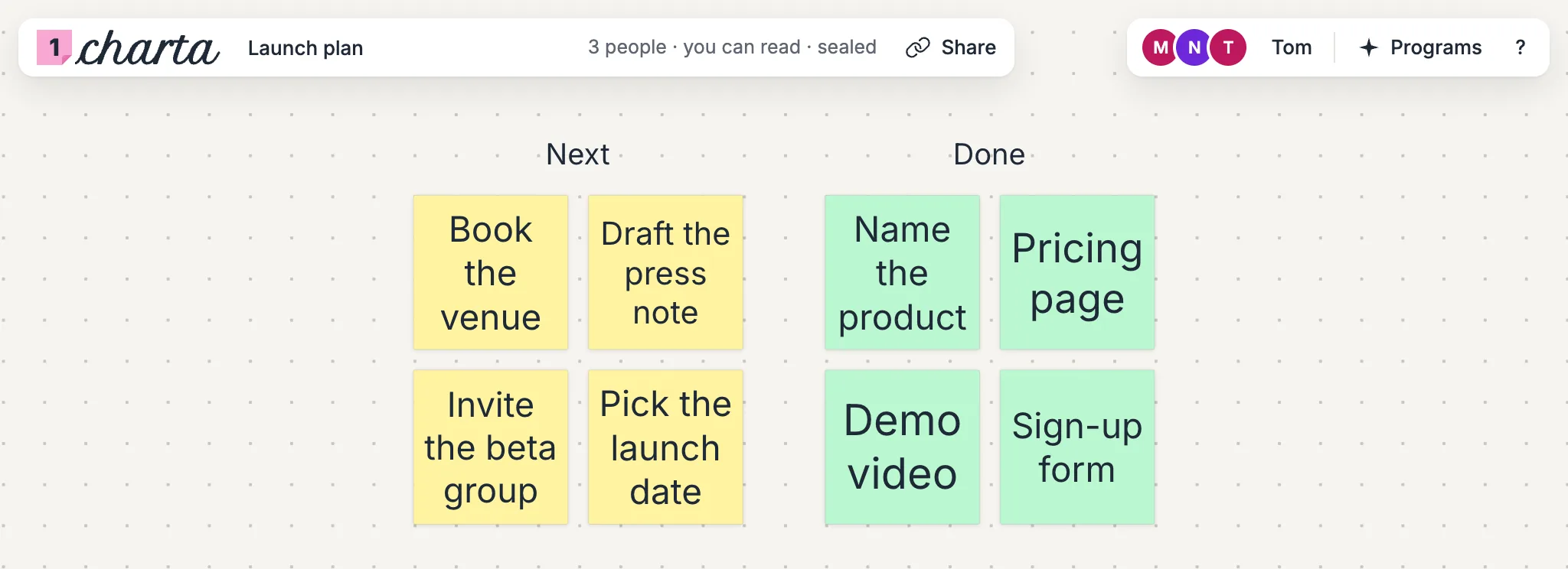 Tom’s view of the board Launch plan, whose top line reads 3 people · you can read · sealed