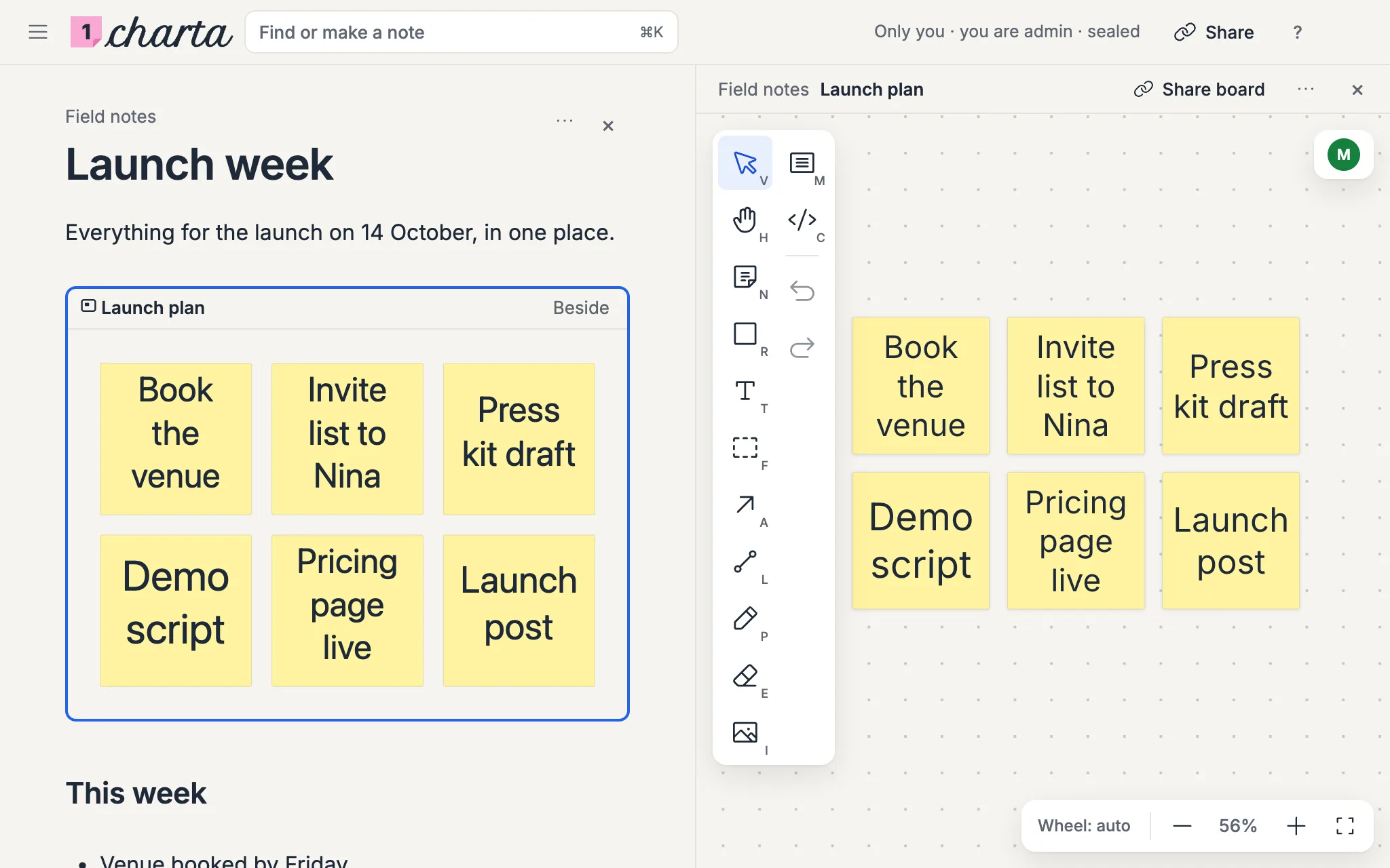 The note Launch week with the board Launch plan embedded as a picture, and the same board open beside it