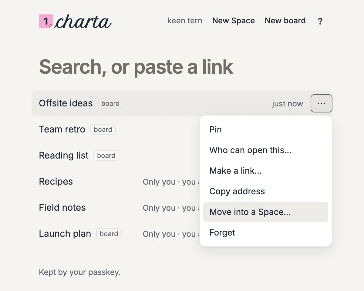 Your list with the menu of the board Offsite ideas open on Move into a Space