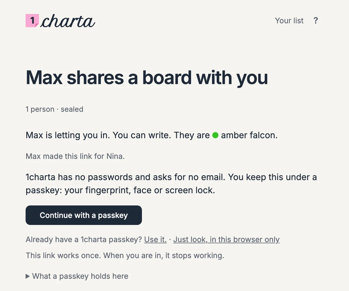 The page Nina’s link opens: Max shares a board with you. You can write. This link works once. When you are in, it stops working
