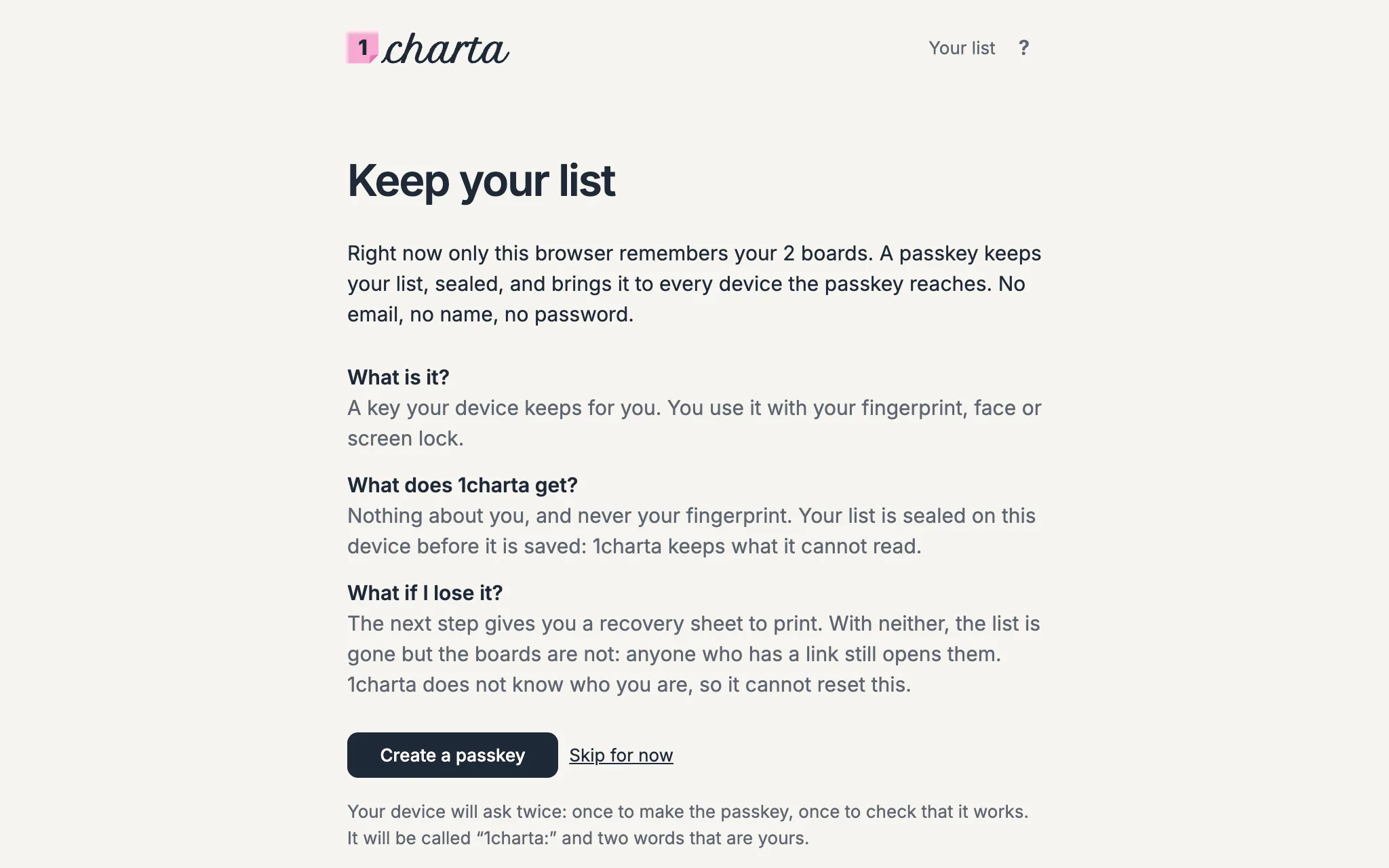The page Keep your list: A passkey keeps your list, sealed. No email, no name, no password. Create a passkey