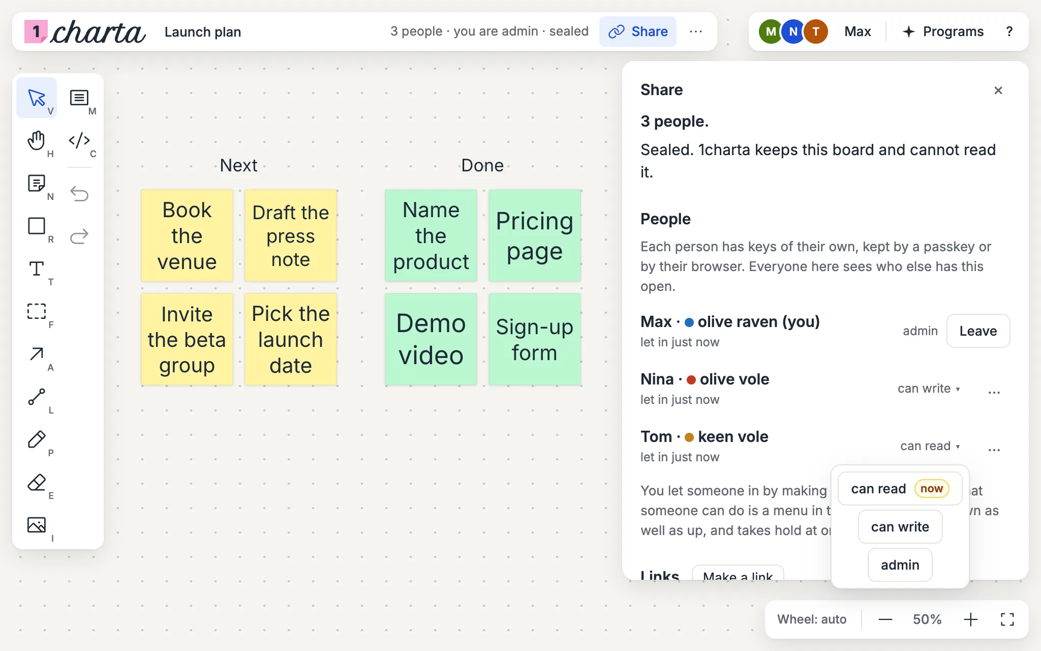The Share panel of a board: Max is admin, Nina can write, and Tom’s menu is open on can read, can write, admin